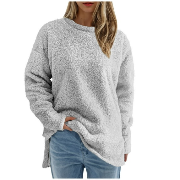 WCMZJ Women's Sweaters Oversized Long Sleeve Crewneck Fuzzy Knit Warm Sweaters 2024 Fall Side Split Pullover Sweater Tops Gray S
