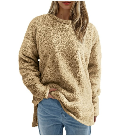 WCMZJ Women's Sweaters Oversized Long Sleeve Crewneck Fuzzy Knit Warm Sweaters 2024 Fall Side Split Pullover Sweater Tops Khaki XXL