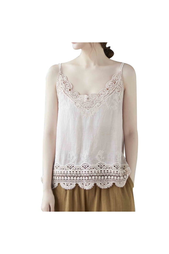 Women's Tank Tops Sleeveless Lace Embroidered Scalloped V Neck Undershirt Spaghetti Strap Layering Camisole Cami Tank Top