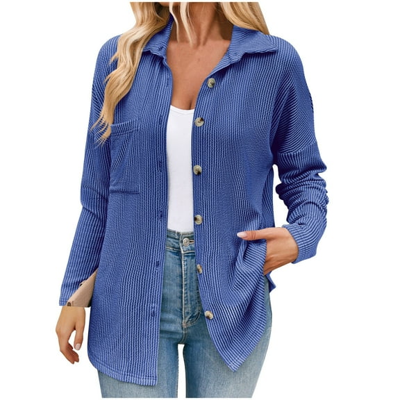 WCMZJ Women's Tops Button Down Shirts Fall Long Sleeve Shacket Jacket Loose Ribbed Knit Work Blouses with Pocket Blue L