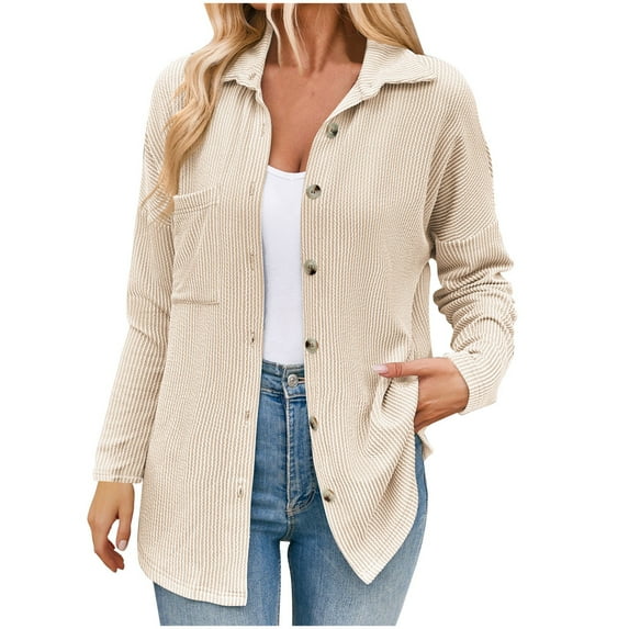 WCMZJ Women's Tops Button Down Shirts Fall Long Sleeve Shacket Jacket Loose Ribbed Knit Work Blouses with Pocket Khaki XXL