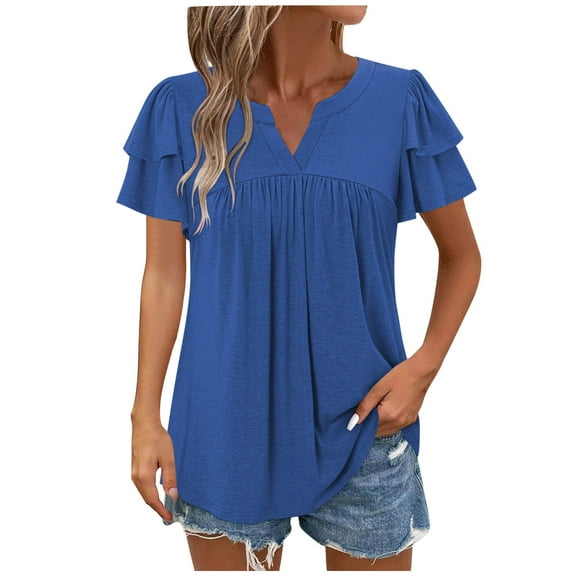 WCMZJ Women's V Neck Shirts Dressy Casual Ruffle Sleeve Blouses Loose Fit Pleated Front Summer Tunic Tops Blue 2XL