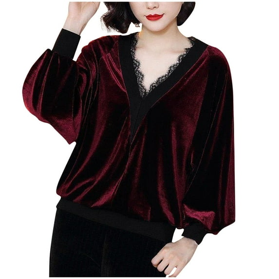 WCMZJ Women's Velvet Wrap Top Long Sleeve V Neck Puff Dressy Blouse Vintage 2024 Fall Winter Casual Comfy Top T Shirt Wine L
