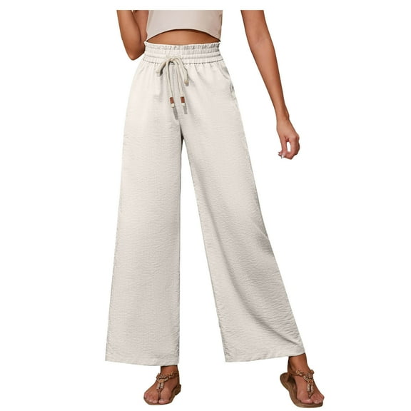 WCMZJ Women's Wide Leg Lounge Pants Lightweight High Waisted Adjustable Tie Knot Loose Fit Trousers with Pockets White S