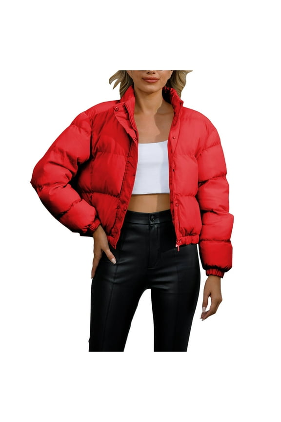 Women's Winter Long Sleeve Zip Puffer Jacket Stand Collar Baggy Short Down Coats with Pockets Red L