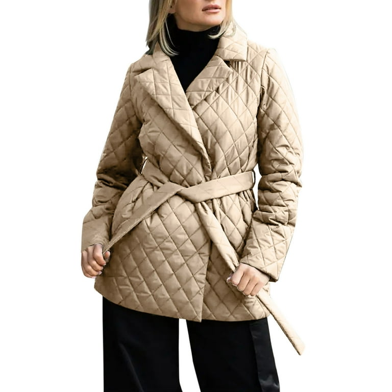 WCMZJ Women s Winter Quilted Wrap Coat with Belt Mid Long Lapel Warm Padded Down Puffer Jacket Elegant Overcoat Khaki M