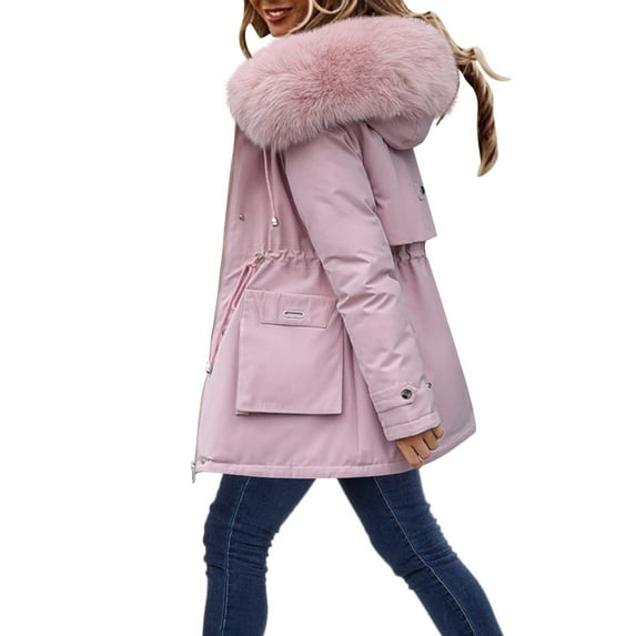 WCMZJ Women's Winter Thicken Military Parka Jacket Waterproof Removable Hood with Fur Warm Fleece Puffer Coats Outwear Pink XL