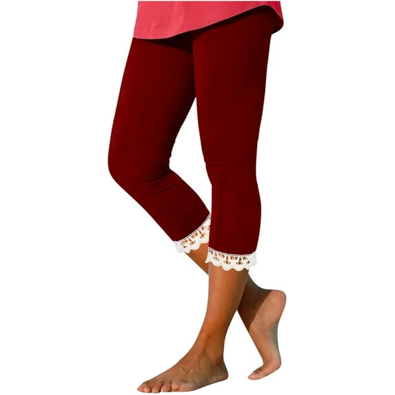 WCMZJ Women's Yoga Capri Leggings Summer Comfy Skinny Leggings Lace Trim High Waisted Slim Pants Cut Out Workout Tights Compression Capris Wine Red S