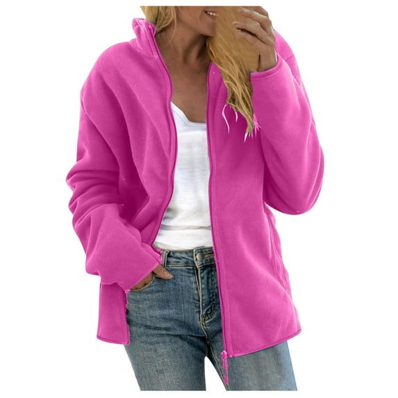 WCMZJ Women's Zip up Fleece Jacket Long Sleeve Warm Soft Polar Lightweight Coat with Pockets for Winter Stand Collar Casual Oversized Outerwear Hot Pink M