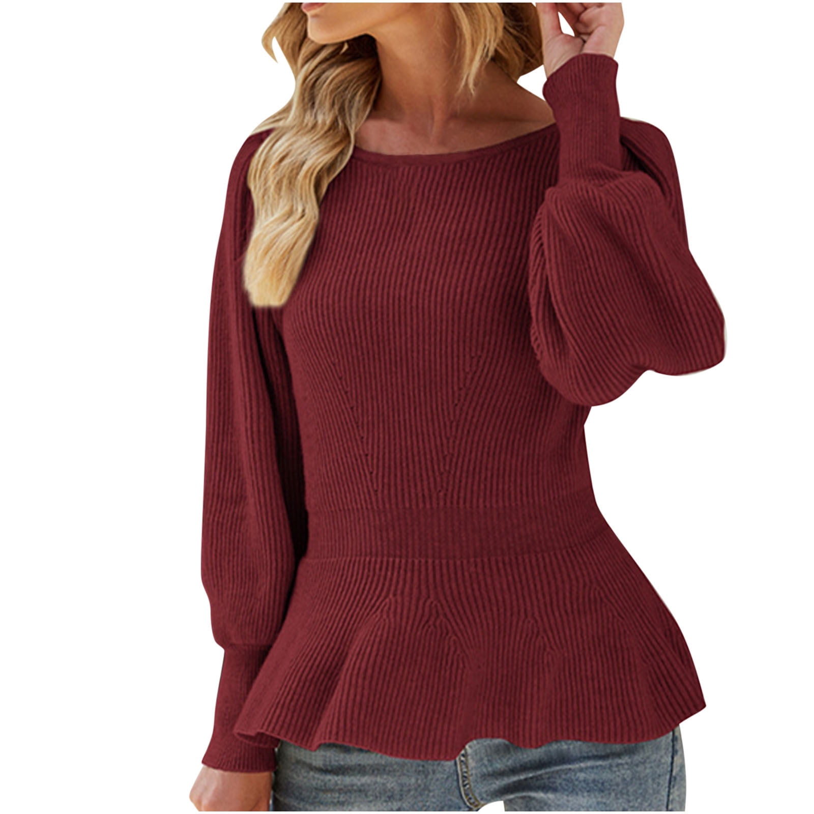 Flygo Women's Ruffle Hem Knit Sweater – Lightweight Puff Sleeve Pullover Top For Casual & Dressy Outfits - View #7