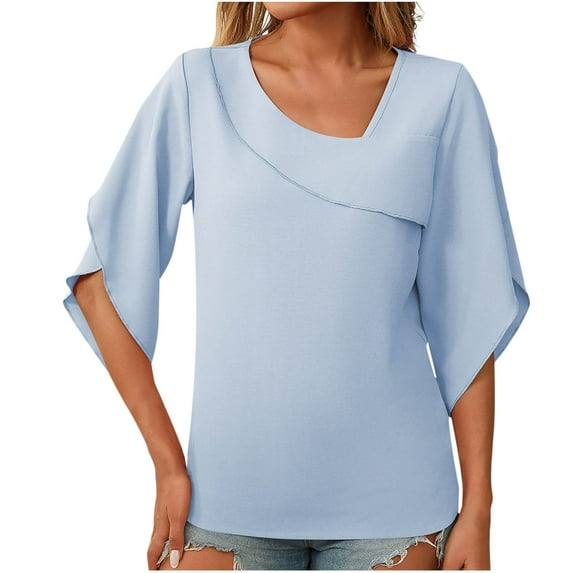 WCMZJ Womens 2025 Summer Casual Asymmetrical Neck Loose Tunic Top for Leggings 3/4 Sleeve Chiffon Blouse Blue XL