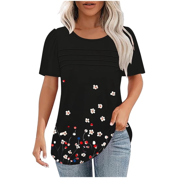 WCMZJ Womens 2025 Summer Tops Pleated Crew Neck Short Sleeve T Shirts Dressy Casual Tunic Blouses Loose Cute Tees Black S