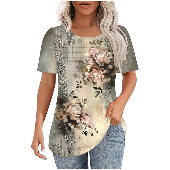 WCMZJ Womens 2025 Summer Tops Pleated Crew Neck Short Sleeve T Shirts Dressy Casual Tunic Blouses Loose Cute Tees Khaki S