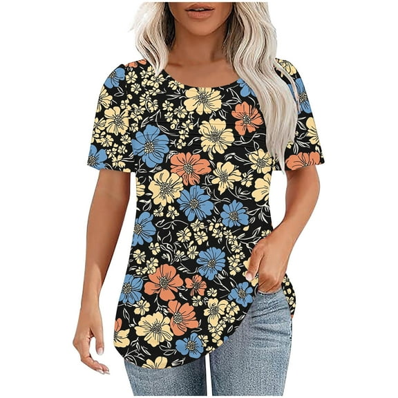 WCMZJ Womens 2025 Summer Tops Pleated Crew Neck Short Sleeve T Shirts Dressy Casual Tunic Blouses Loose Cute Tees Khaki S