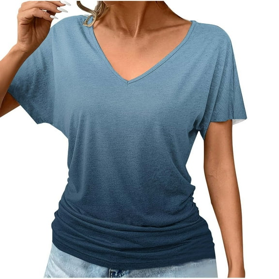WCMZJ Womens 2025 Summer Tunic Tops Short Sleeve V Neck Ruched Tshirts Casual Blouse with Side Shirring Blue S