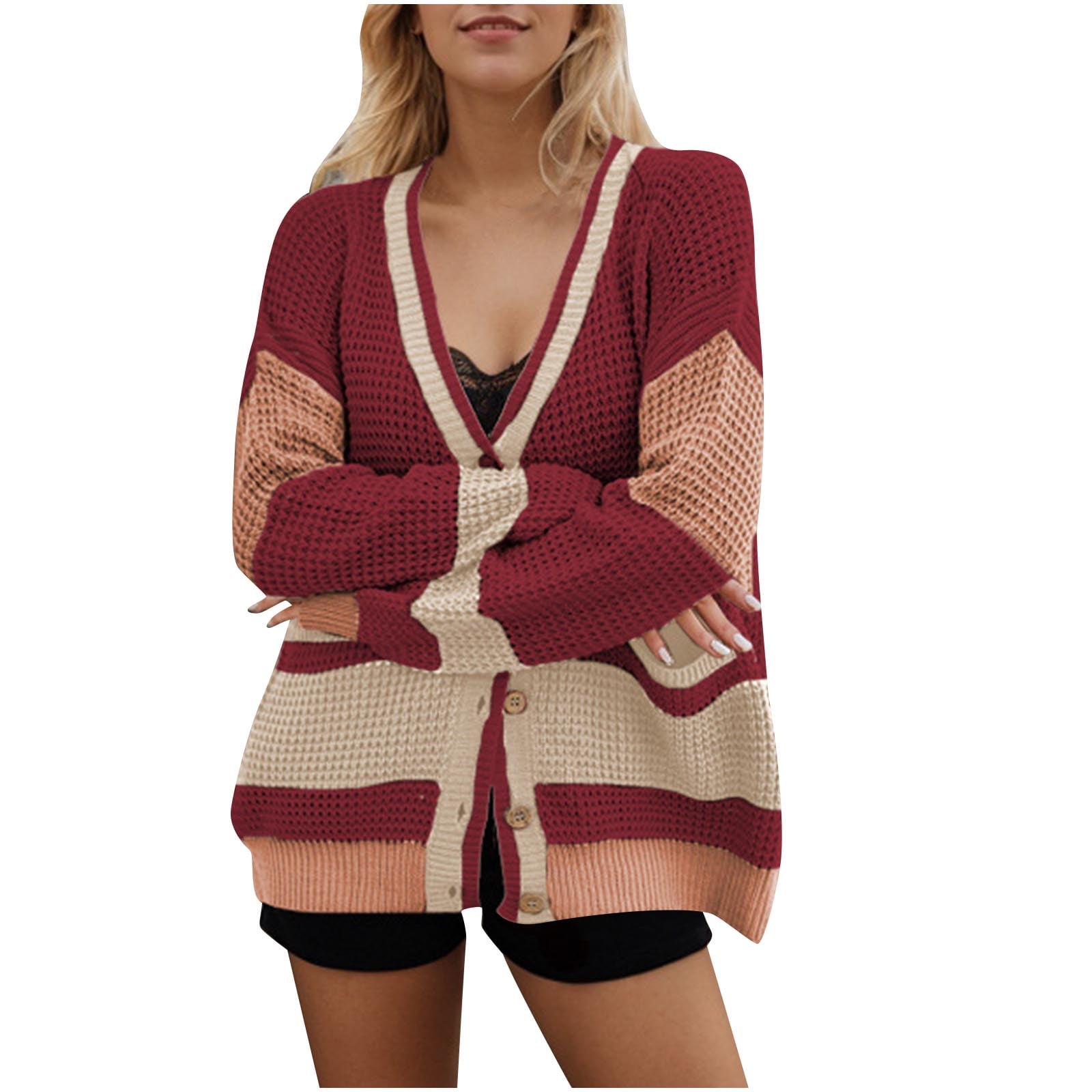WCMZJ Womens Button Down Cardigan Sweaters Long Sleeve V Neck Knit Tops with Pockets Color Block Y2k Sweater Fall 2024 Red L WCMZJ Womens Button Down Cardigan Sweaters Long Sleeve V Neck Knit Tops with Pockets Color Block Y2k Sweater Fall 2024 Red L