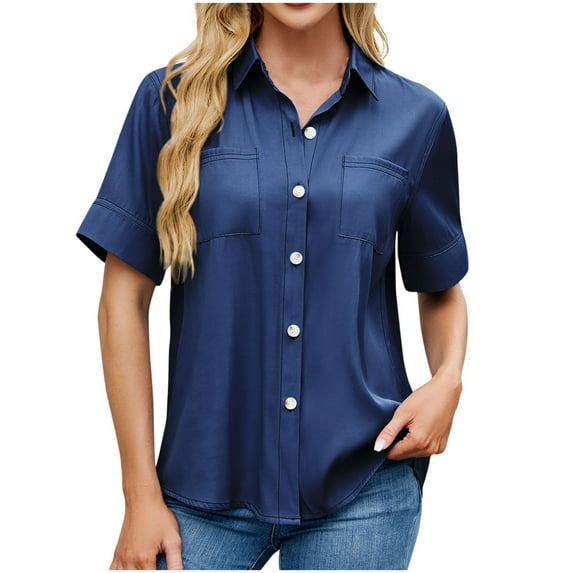 WCMZJ Womens Button Down Shirt Short Sleeve Dress Shirt V Neck Collared Button Up Summer Tops Work Blouse with Pockets Blue L
