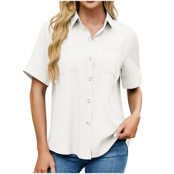 WCMZJ Womens Button Down Shirt Short Sleeve Dress Shirt V Neck Collared Button Up Summer Tops Work Blouse with Pockets White M