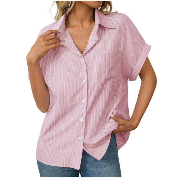 WCMZJ Womens Button Down Shirts Rolled Cuffed Short Sleeve Striped Shirt Cute Collared Summer Casual Work Blouse Pink S