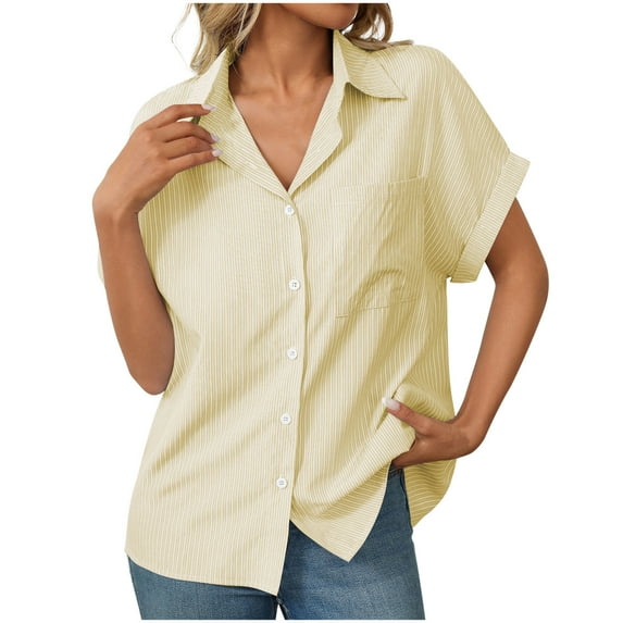 WCMZJ Womens Button Down Shirts Rolled Cuffed Short Sleeve Striped Shirt Cute Collared Summer Casual Work Blouse Yellow XL