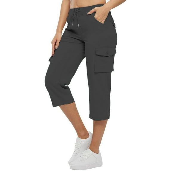 WCMZJ Womens Cargo Capris with Pockets Loose Fit Casual Capri Pants Drawstring Lightweight Ladies Baggy Cargo Pants for Hiking Gray L