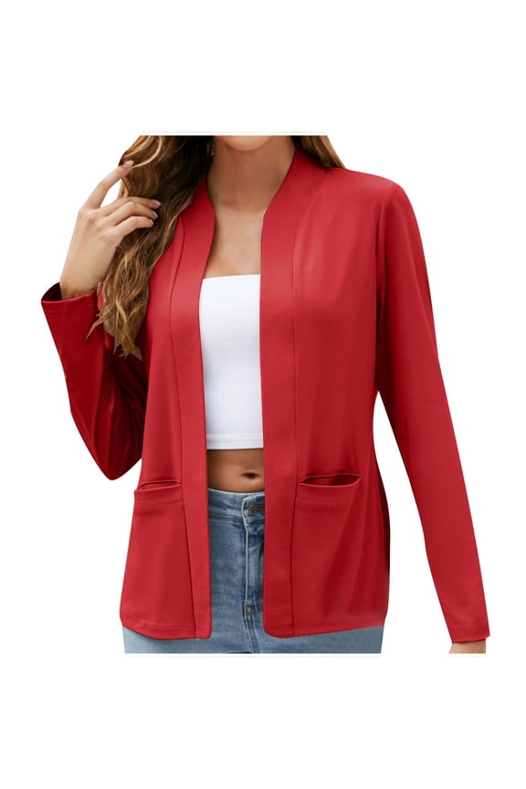 Womens Casual Blazers Open Front Long Sleeve Collarless Blazer Work Office Jackets with Pockets Red XXL