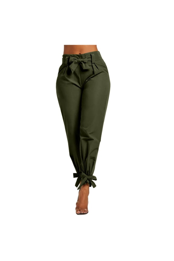Womens Casual High Waist Pencil Pants with Pockets Bow Knot Cropped Paper Bag Pants for Work Green S