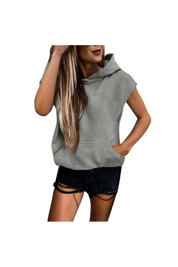 Womens Casual Hoodies Short Sleeve Drawstring Lightweight Hooded Sweatshirt Summer Loose Pullover Tops with Pocket Gray XL