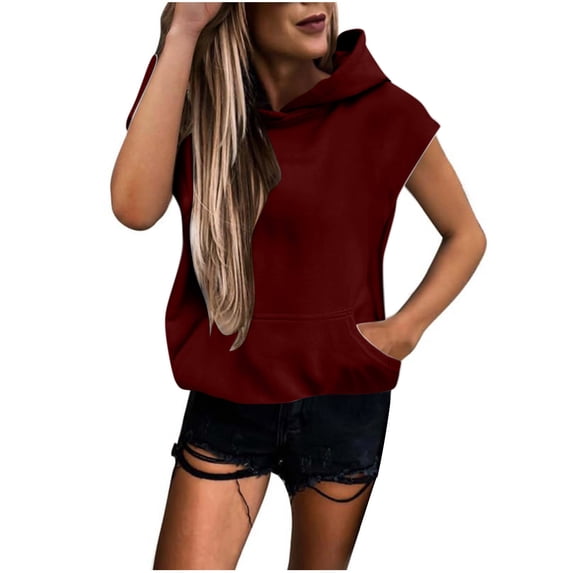 WCMZJ Womens Casual Hoodies Short Sleeve Drawstring Lightweight Hooded Sweatshirt Summer Loose Pullover Tops with Pocket Wine M