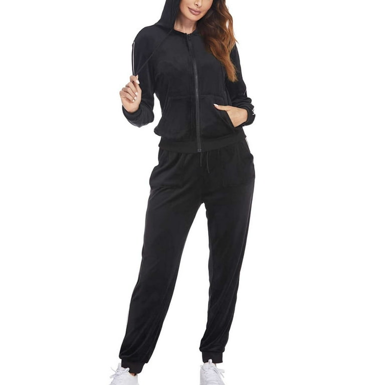WCMZJ Womens Casual Velour Tracksuit Set Full Zip Hoodie Long Workout Pants Tracksuit Jogging Suits Black XL