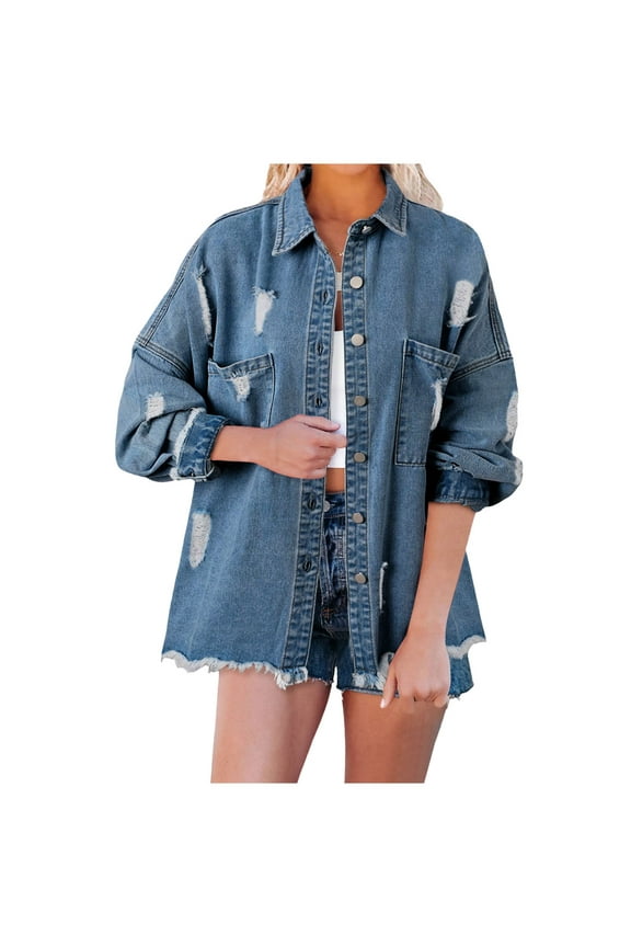 Womens Causal Oversized Soft Lightweight Distressed Jean Jacket Ripped Fringe Long Sleeve Denim Jacket Shacket Light Blue L