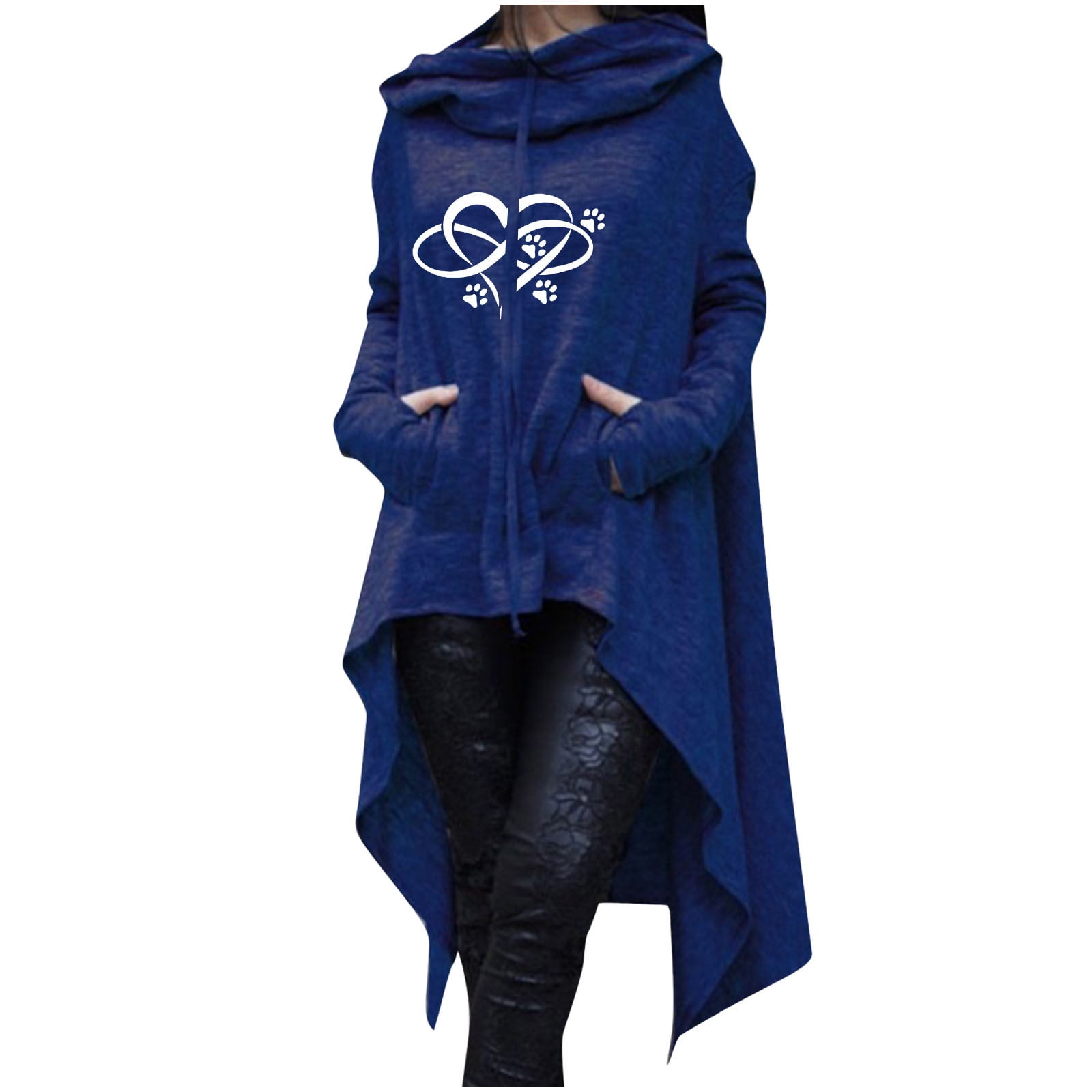 WCMZJ Womens Cloak Tops with Hood Graphic Print High Low Hem Flowy Cape Sweatshirt Casual Long Sleeve Asymmetrical Long Hoodie Tops with Pocket Blue L Walmart