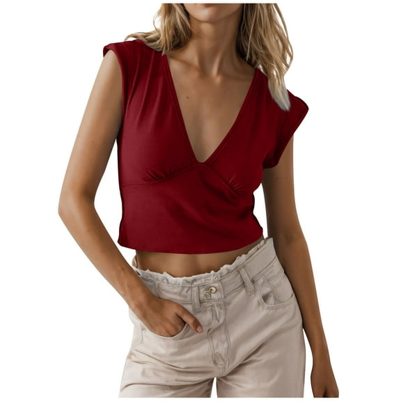 WCMZJ Womens Deep V Neck Cropped Tank Tops Low Cut Summer Cap Sleeve T Shirts Y2k Slim Fit Cute Tees Wine 2XL