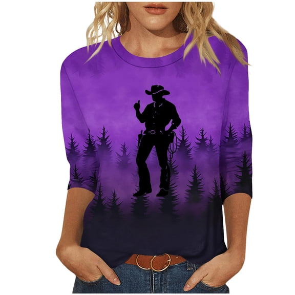 WCMZJ Womens Ethnic Style Sweatshirt 3/4 Sleeve Crewneck Shirts Western Cowgirl Casual Graphic Tunic Tops Teen Girls Purple S