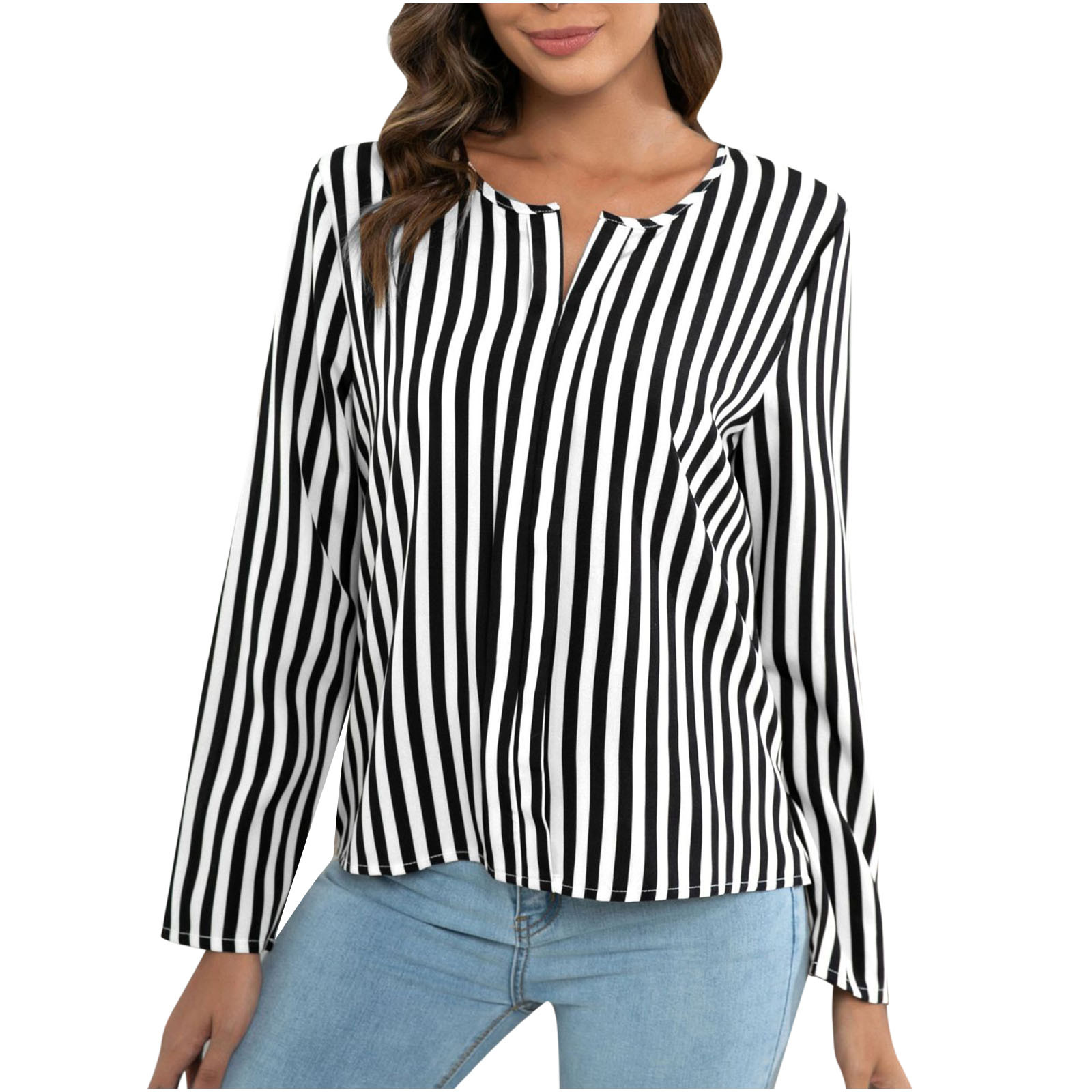 WCMZJ Womens Fall Striped Blouses Casual Notched V Neck Long Sleeve