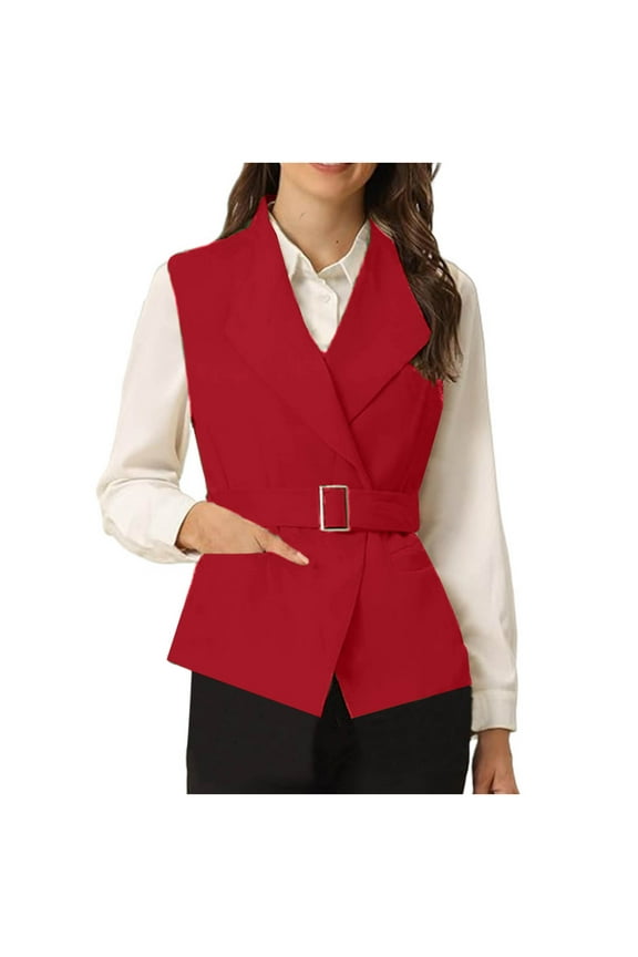 Womens Fashion 2024 Sleeveless Blazer Vest Spring Fall Casual Open Front Lapel V Neck Office Waistcoat Long Vests with Pockets Red XXL