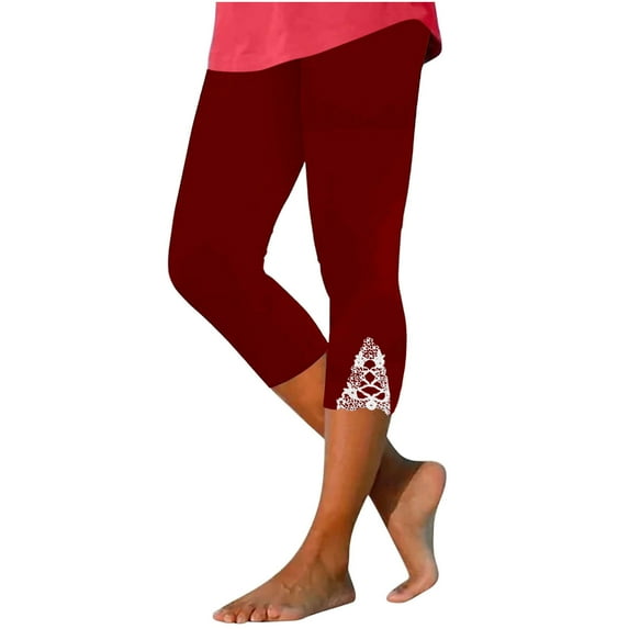 WCMZJ Womens Floral Lace Stitching Capri Leggings Elastic High Waisted Stretch Soft Cropped Capris Pants Plus Size Red S