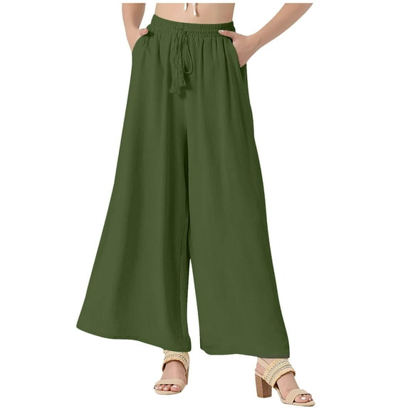 WCMZJ Womens Flowy Wide Leg Pants Casual Summer Beach Elastic Waist Trousers Trendy Business Work Pants with Pockets Army Green XL