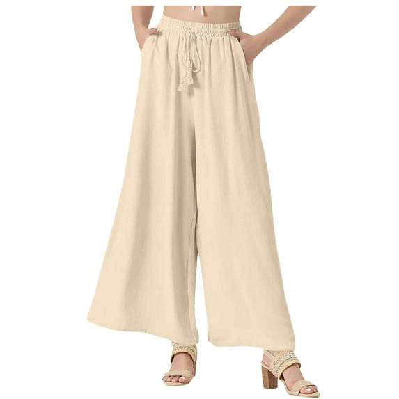 WCMZJ Womens Flowy Wide Leg Pants Casual Summer Beach Elastic Waist Trousers Trendy Business Work Pants with Pockets Khaki L