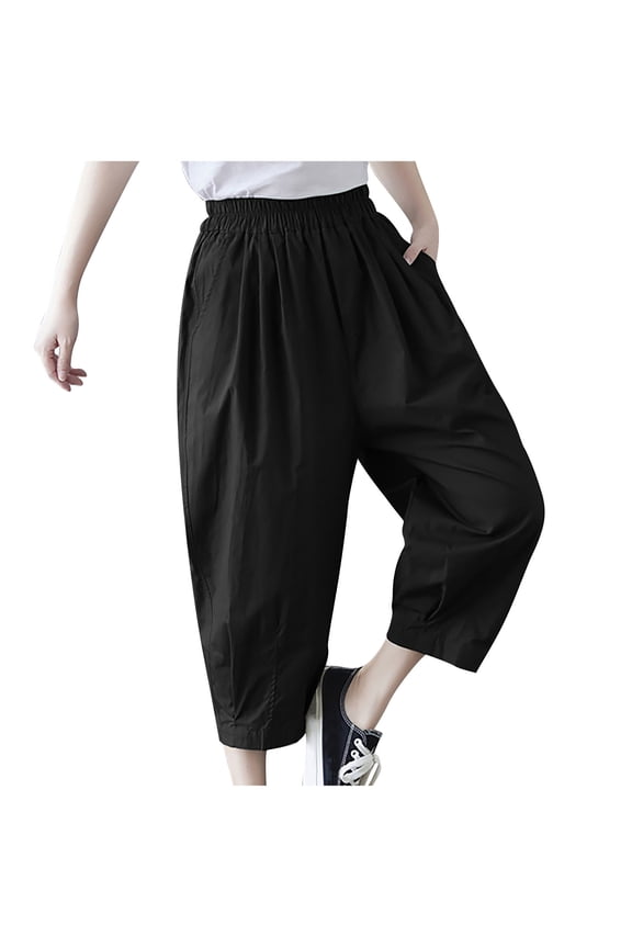Womens Hippie Harem Pants Casual Elastic Waist Tapered Pants Solid Color Baggy Yoga Drop Crotch Trouser with Pockets Black M