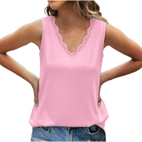 WCMZJ Womens Lace Trim Tank Tops V Neck Sleeveless Shirts 2025 Summer Casual Trendy Dressy Cami Top Pink S