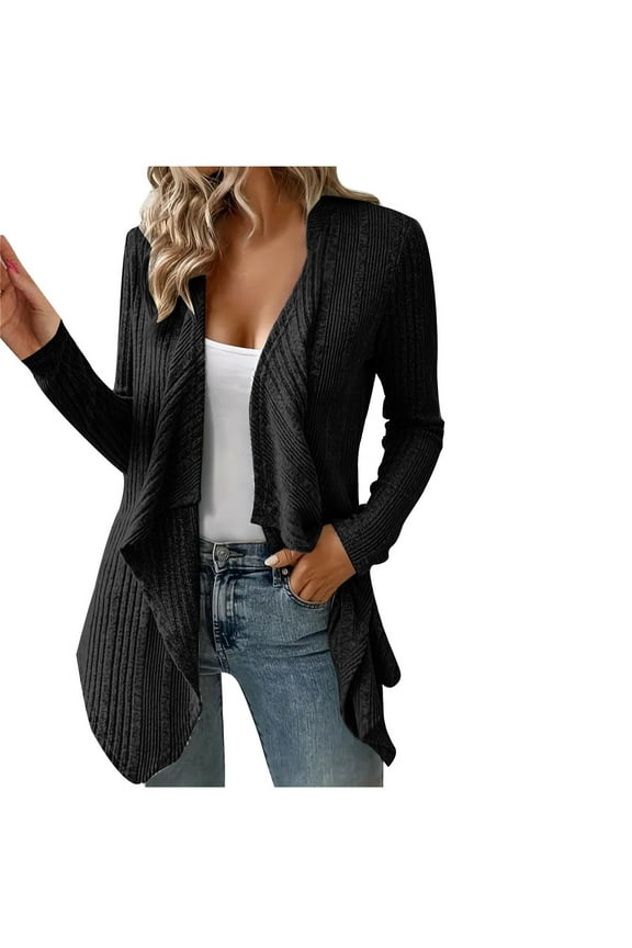 Womens Lightweight Crochet Cardigan Sweater Waterfall Collar Rib Knit Open Front Sweater Coats Black L