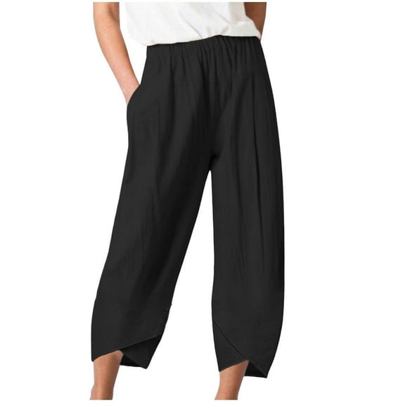 WCMZJ Womens Linen Pants Summer Casual Capri Pants with Pockets Elastic Waist Straight Leg Palazzo Cropped Comfy Baggy Trousers with Pockets
