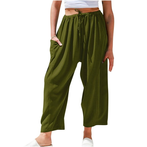 WCMZJ Womens Linen Wide Leg Pants Casual Loose Drawstring Summer Beach Travel Vacation Palazzo Harem Pants with Pockets Army Green M
