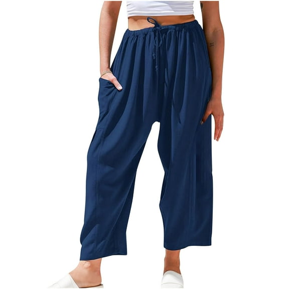 WCMZJ Womens Linen Wide Leg Pants Casual Loose Drawstring Summer Beach Travel Vacation Palazzo Harem Pants with Pockets Dark Blue 2XL