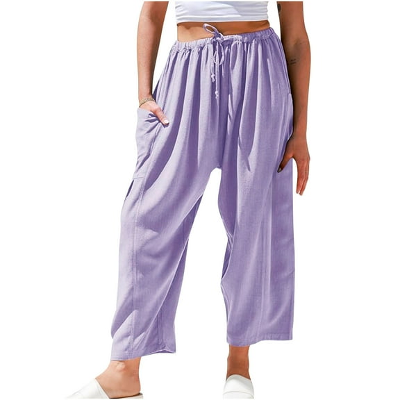 WCMZJ Womens Linen Wide Leg Pants Casual Loose Drawstring Summer Beach Travel Vacation Palazzo Harem Pants with Pockets Purple M