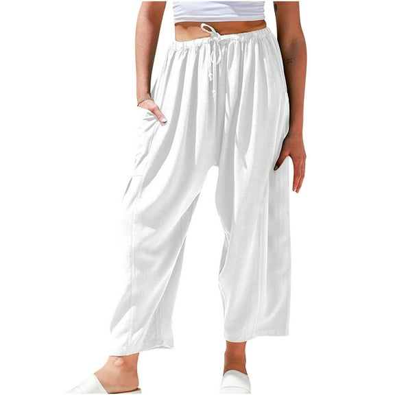 WCMZJ Womens Linen Wide Leg Pants Casual Loose Drawstring Summer Beach Travel Vacation Palazzo Harem Pants with Pockets White S