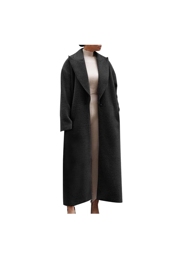 Womens Long Pea Coats Wool Blend Ankle Length Business Casual Trench Coats Long Sleeve Open Front Dressy Jackets Black 3XL