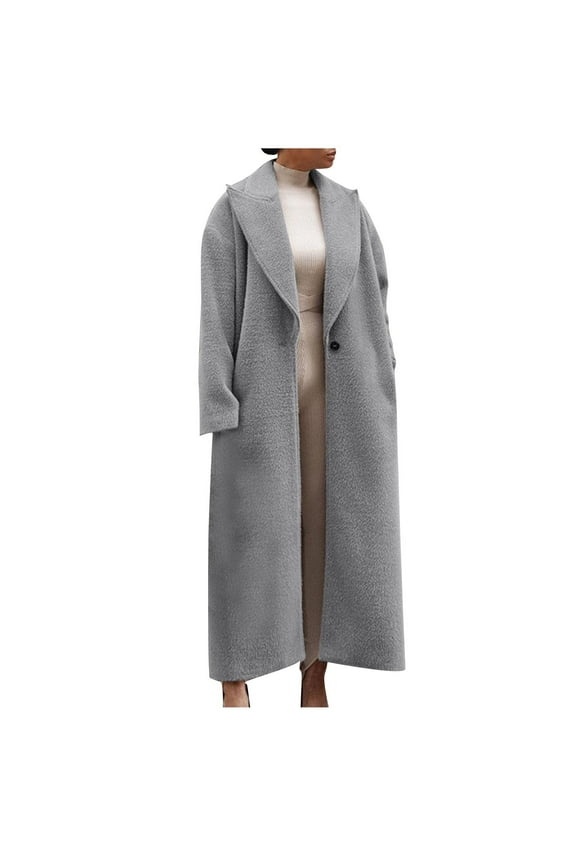 Womens Long Pea Coats Wool Blend Ankle Length Business Casual Trench Coats Long Sleeve Open Front Dressy Jackets Gray M