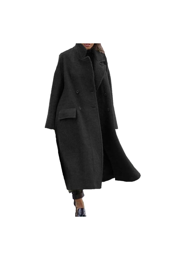 Womens Long Pea Coats Wool Blend Ankle Length Business Casual Trench Coats Long Sleeve Open Front Dressy Jackets with Pockets Black M